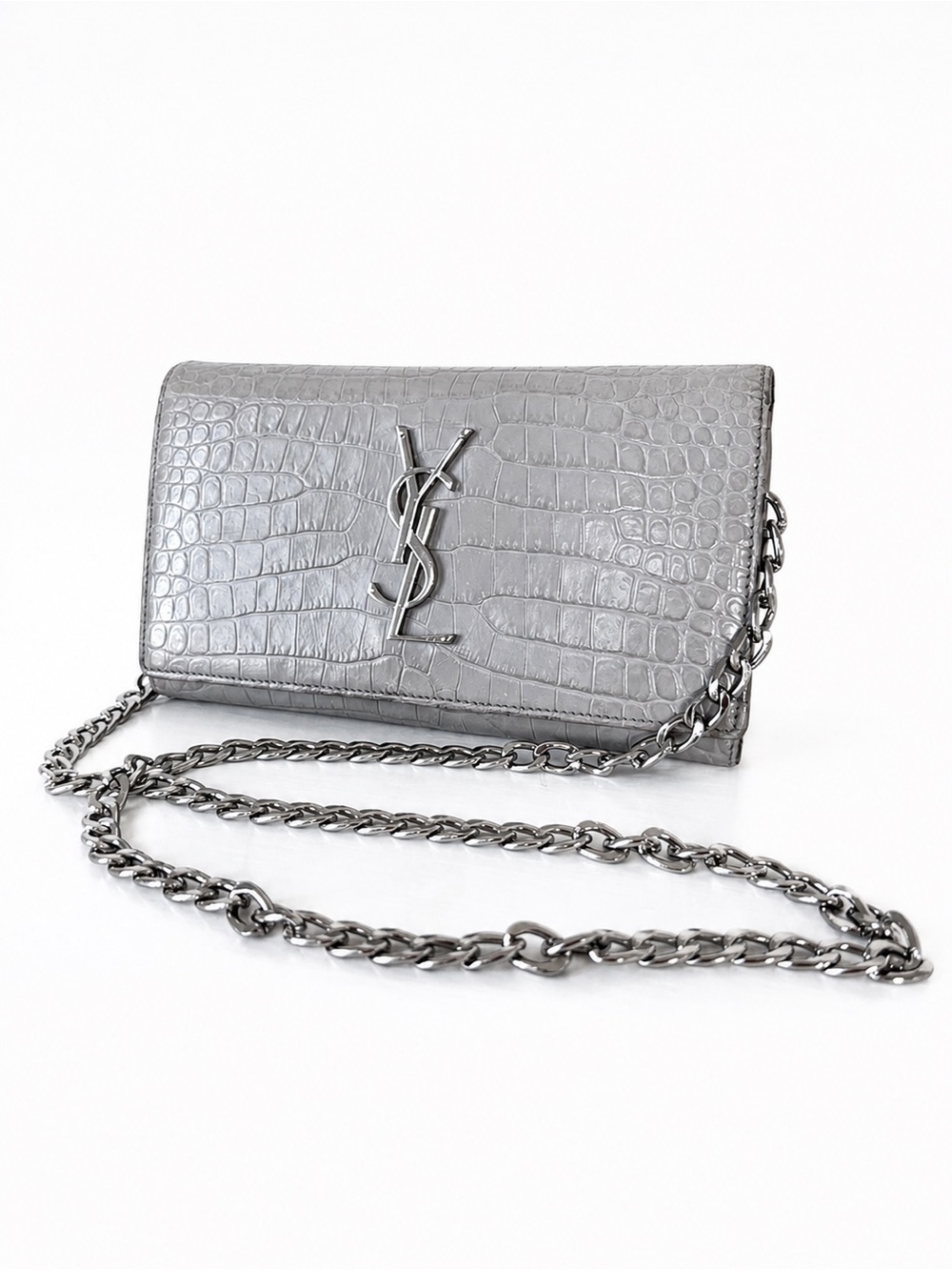 Saint Laurent YSL Icy Gray Croc Wallet + Added Chain